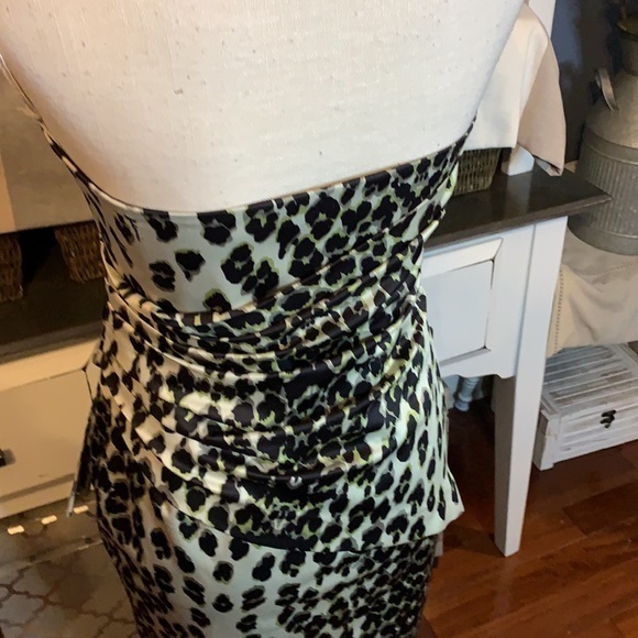 Alphorria Leopard Print Black/Tan Strapless‎ Mini Side Pleated Dress Size P/4 - Picture 6 of 12